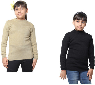 KAVYA Woven Round Neck Casual Girls Beige, Black Sweater