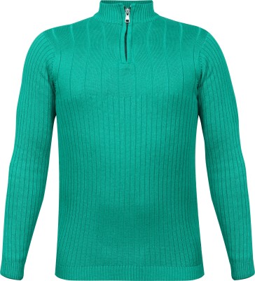 Clothify Striped High Neck Casual Boys Green Sweater