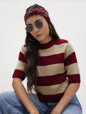 Roadster Striped Round Neck Casual Women Beige, Maroon Sweater