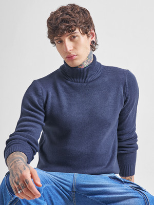 HIGHLANDER Solid Turtle Neck Casual Men Blue Sweater