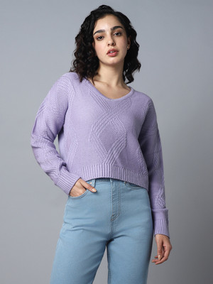 High Star Solid Round Neck Casual Women Pink Sweater