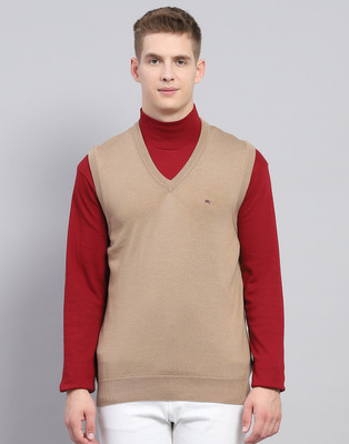 MONTE CARLO Solid V Neck Casual Men Beige Sweater
