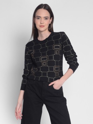 CRIMSOUNE CLUB Printed Round Neck Casual Women Black Sweater