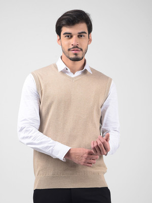 NUMERO UNO Solid V Neck Casual Men Beige Sweater