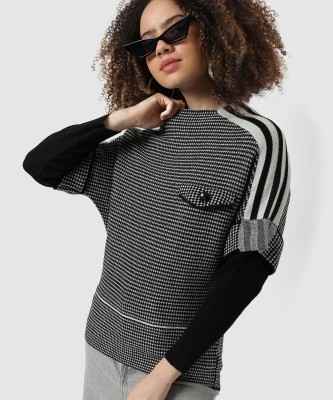 CAMPUS SUTRA Striped Round Neck Casual Women Black Sweater