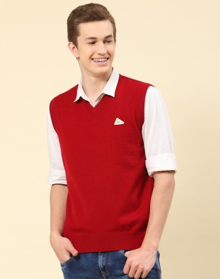 MONTE CARLO Solid V Neck Casual Men Red Sweater