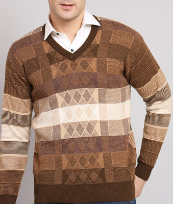 eWools Self Design V Neck Casual Men Brown Sweater