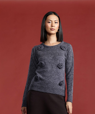 all about you Solid Round Neck Casual Women Grey Sweater