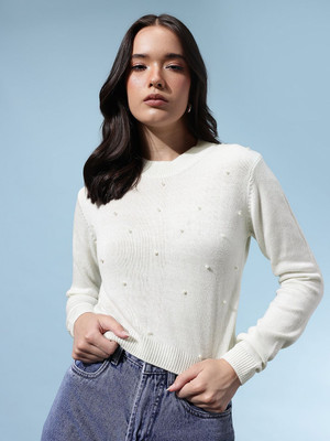 Glitchez Solid Round Neck Casual Women White Sweater