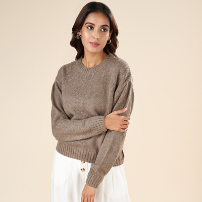 Akkriti by Pantaloons Solid Round Neck Casual Women Brown Sweater
