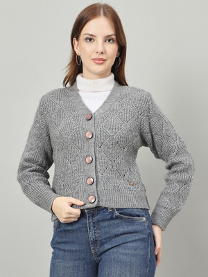 DUKE Self Design V Neck Casual Women Grey Sweater