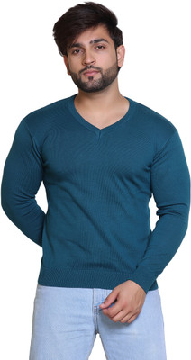 Reveller Solid V Neck Casual Men Blue Sweater