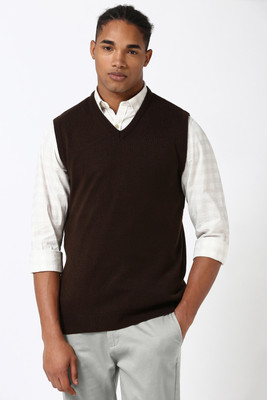 PETER ENGLAND Solid V Neck Casual Men Brown Sweater