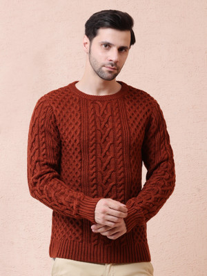 NOQUO Self Design Round Neck Casual Men Maroon Sweater