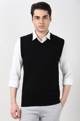 PETER ENGLAND Solid V Neck Casual Men Black Sweater