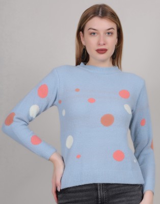 Thansmay kleider Polka Print Round Neck Casual Women Blue Sweater