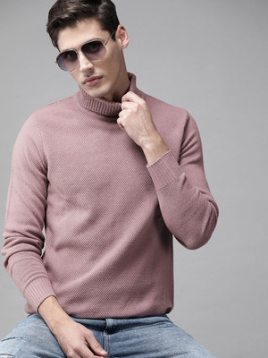 Roadster Self Design Turtle Neck Casual Men Pink Sweater