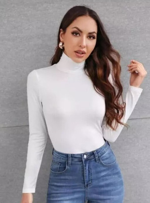 THE LITTLE BOY Striped High Neck Casual Women White Sweater
