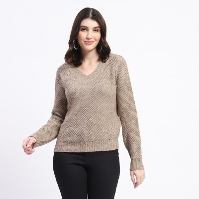 MADAME Solid V Neck Casual Women Beige Sweater