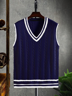 Eddicted Self Design V Neck Casual Men Dark Blue Sweater