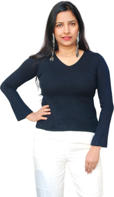 Preety World Self Design V Neck Casual Women Black Sweater
