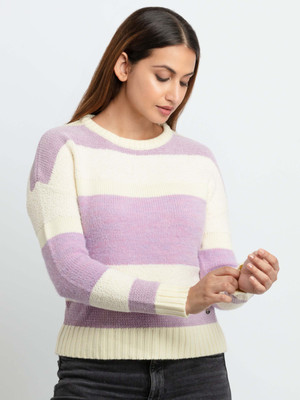 Status Quo Colorblock Round Neck Casual Women Purple Sweater
