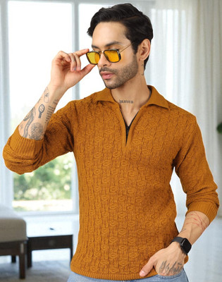 Plus91 Self Design Collared Neck Casual Men Orange Sweater