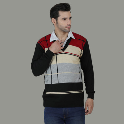 FUKUSO Striped V Neck Casual Men Red Sweater