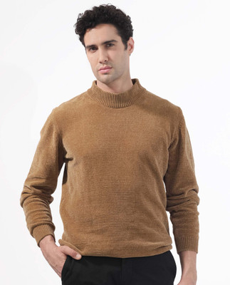 RARE RABBIT Solid High Neck Casual Men Brown Sweater
