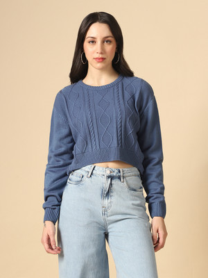 Globus Self Design Round Neck Casual Women Blue Sweater