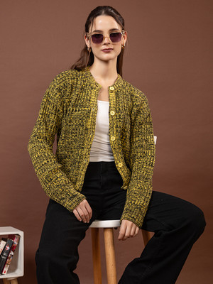 Mast & Harbour Self Design V Neck Casual Women Yellow Sweater