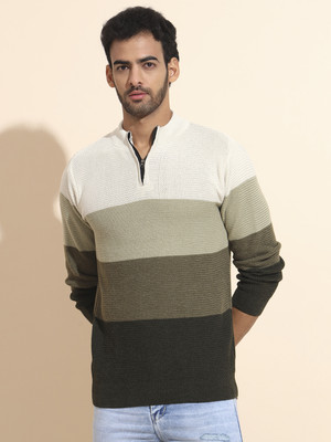 Fit N Fame Self Design Round Neck Casual Men White Sweater