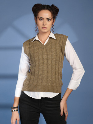 CHKOKKO Woven Collared Neck Casual Women Brown Sweater