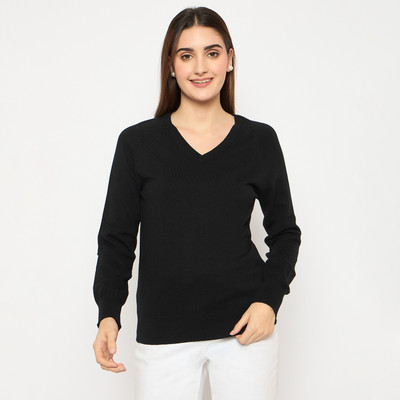MADAME Solid V Neck Casual Women Black Sweater