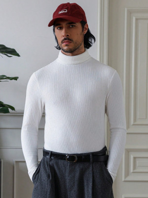 Madilyn Striped High Neck Casual Men White Sweater