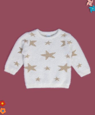 MINI KLUB Self Design Round Neck Casual Baby Girls Beige Sweater