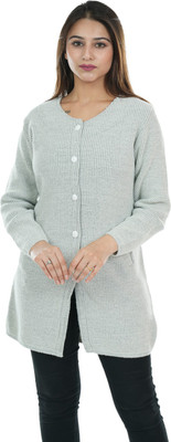 Woolly Self Design Round Neck Casual Women Grey Sweater