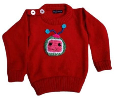 KNITTYNIVI Embroidered Round Neck Casual Boys & Girls Reversible Red Sweater