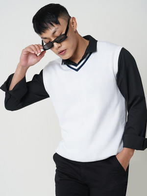 Globus Solid V Neck Casual Men White Sweater