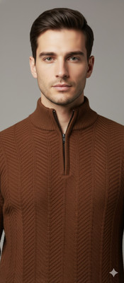 klein blue Self Design Mandarin Neck Casual Men Maroon Sweater