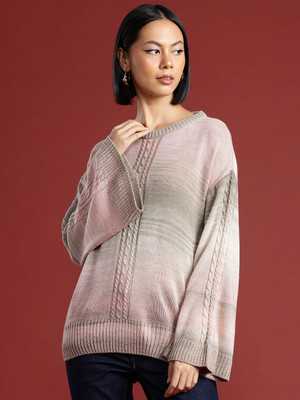 all about you Self Design Round Neck Casual Women Pink Sweater