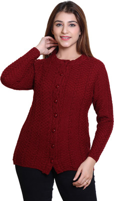 Ogarti Self Design Round Neck Casual Women Maroon Sweater