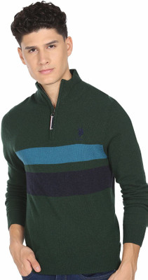 U.S. POLO ASSN. Striped High Neck Casual Men Green Sweater