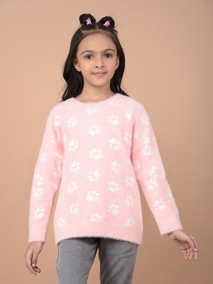 CRIMSOUNE CLUB Printed Round Neck Casual Girls Pink Sweater