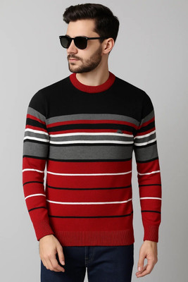 IRA CHOICE Striped Round Neck Casual Men Black Sweater