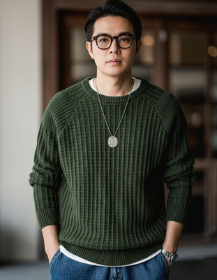 Cat Bunny Solid Round Neck Casual Men Green Sweater