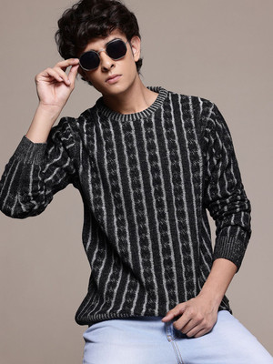 Roadster Self Design Round Neck Casual Men Black Sweater