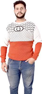 AYUB FASHION Printed Round Neck Formal Men Reversible Orange, White Sweater