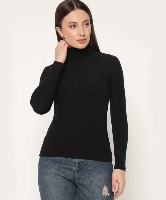 Christy World Striped High Neck Casual Women Black Sweater