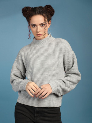 CHKOKKO Self Design High Neck Casual Women Grey Sweater